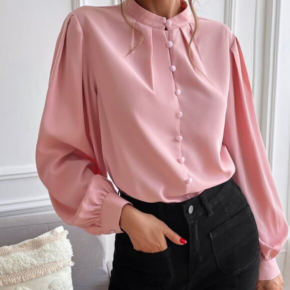 Baby Pink Elegant Women's Bishop Sleeve Button Up Blouse - Picture 3 of 6